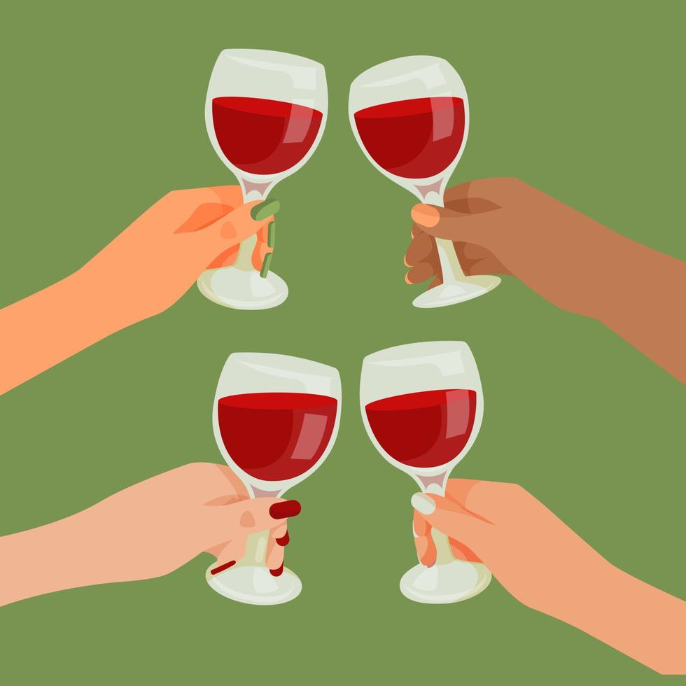 manos femeninas sosteniendo copas con vino. vector