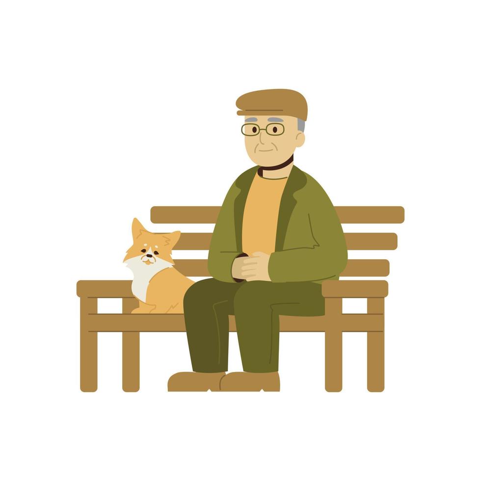 Senior man sitting on a bench with his dog vector