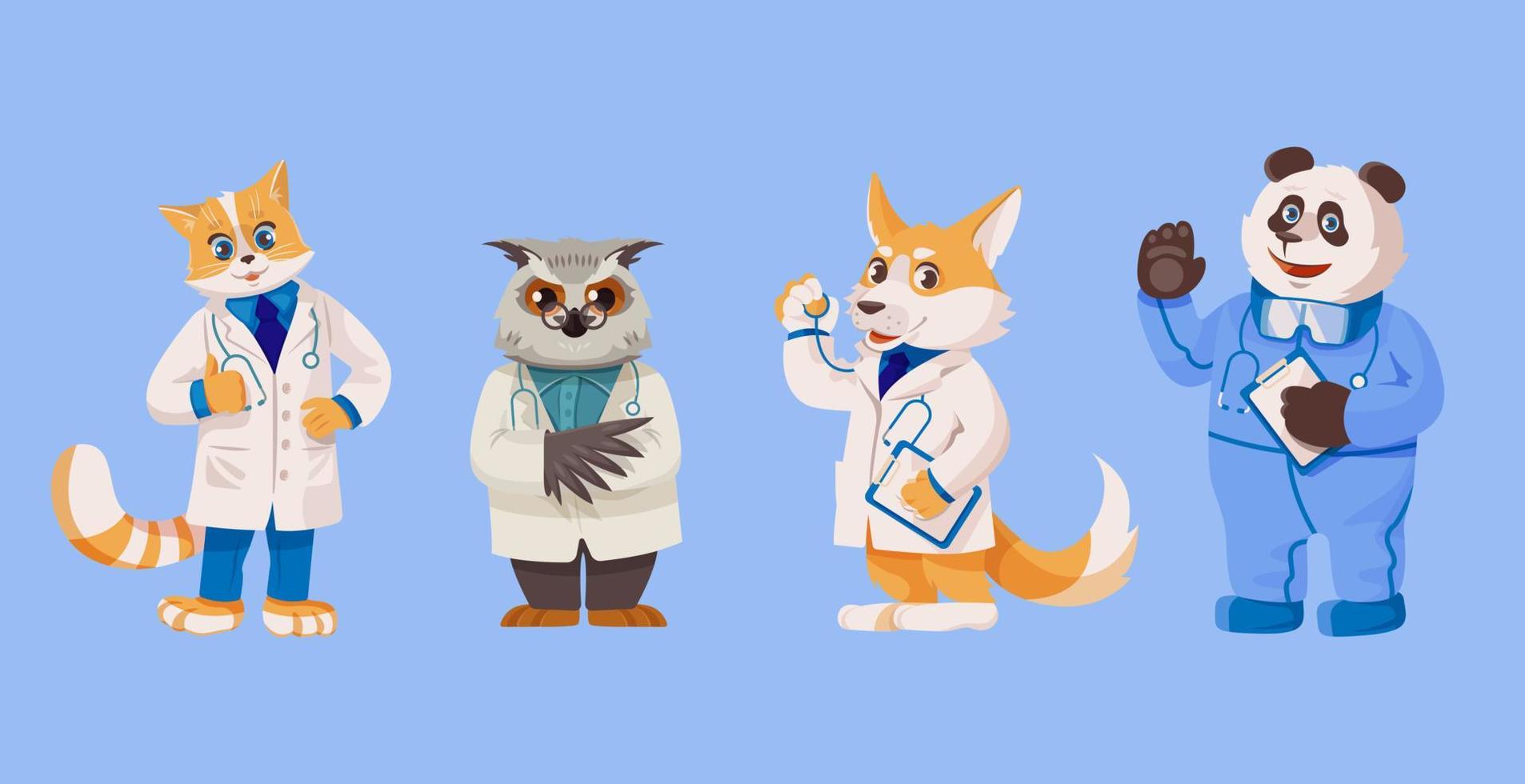 Doctors animals cat, owl, dog, panda. Cute cartoon vector animal