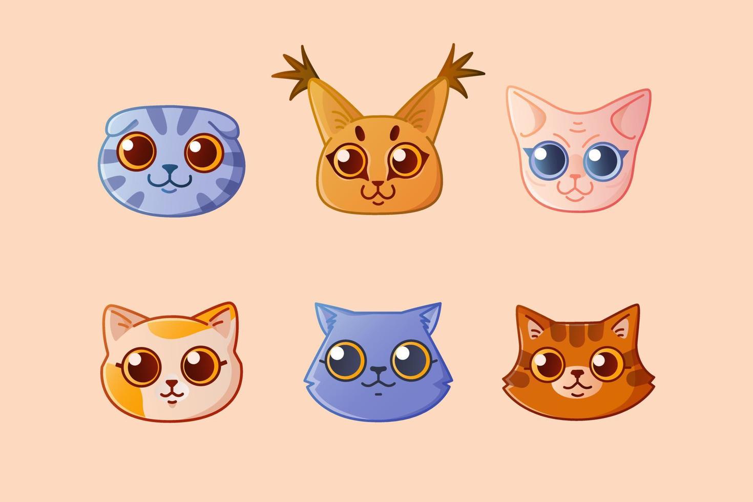 lindas caras de gatos de dibujos animados. diferentes razas de gatos. vector