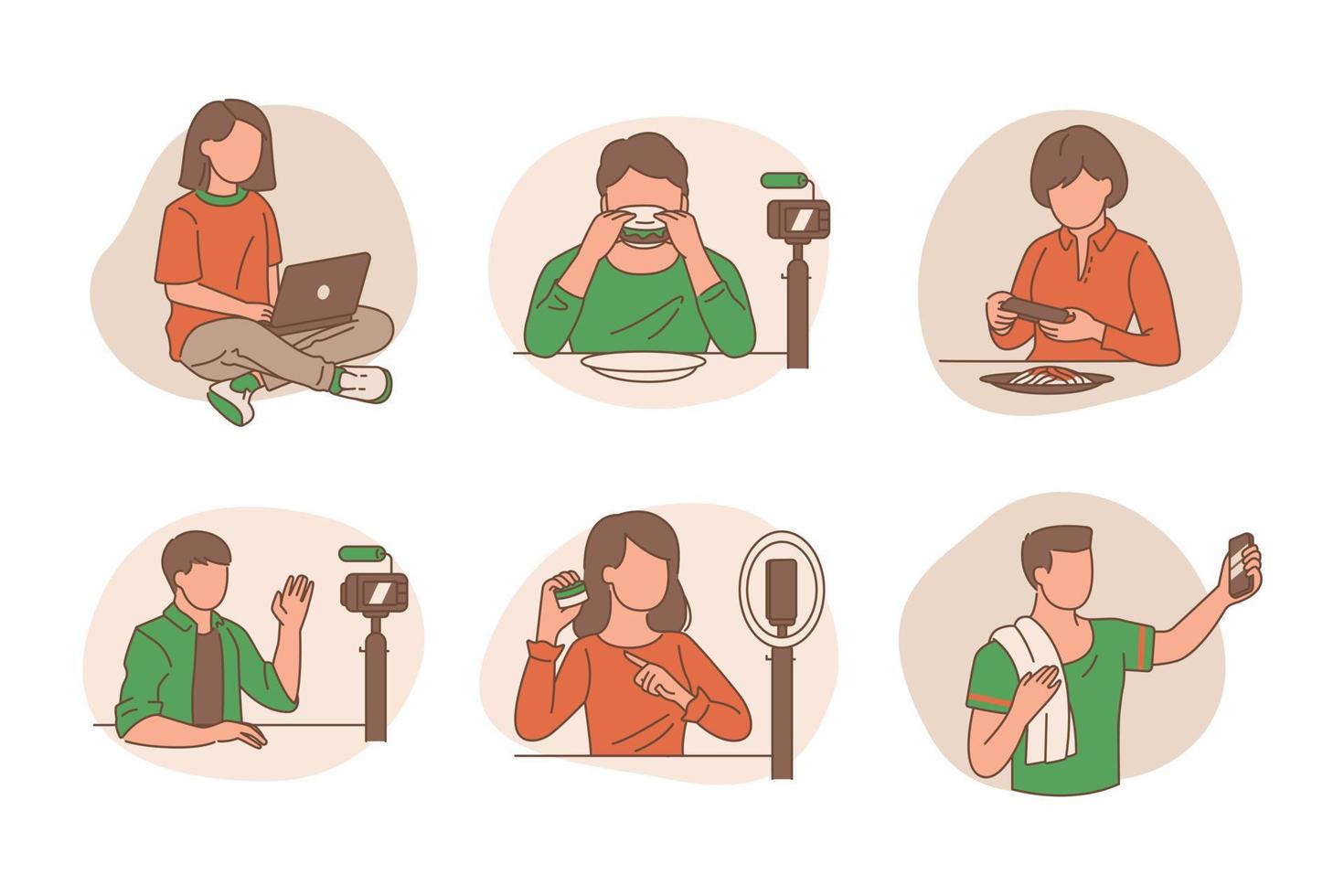 Bloggers recording videos, streaming and making content vector