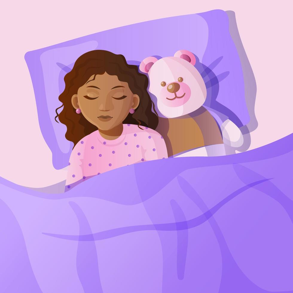 Top view of  little black girl sleeping in the bed with teddy bear vector