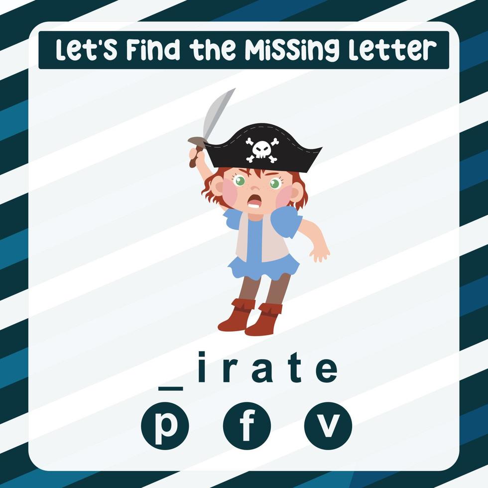 Missing letter worksheet. Complete the letters activity. Kids educational game. Writing practice. Vector file.