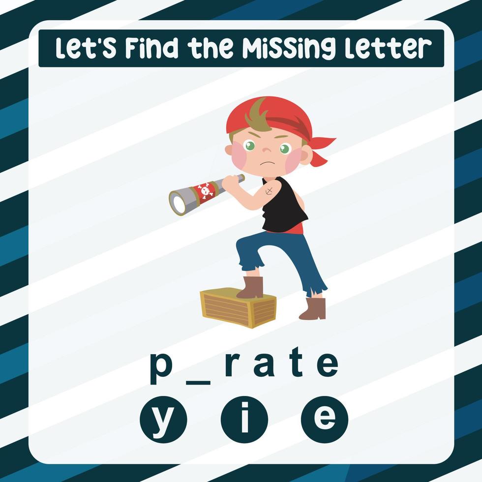 Missing letter worksheet. Complete the letters activity. Kids educational game. Writing practice. Vector file.