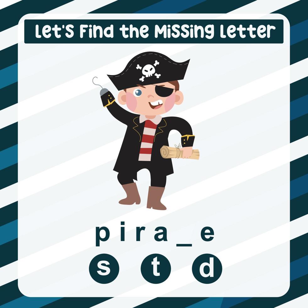 Missing letter worksheet. Complete the letters activity. Kids educational game. Writing practice. Vector file.