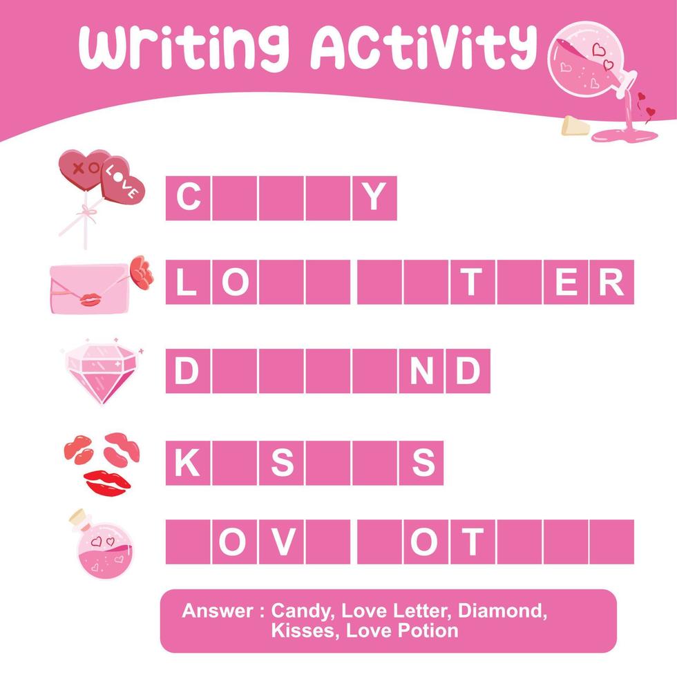 Find the missing letter worksheet. Educational spelling printable game worksheet. Valentine theme. Vector file.