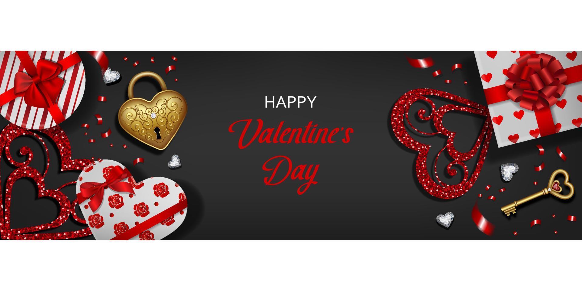 valentine's day banner with gift boxes and heart shaped padlock vector