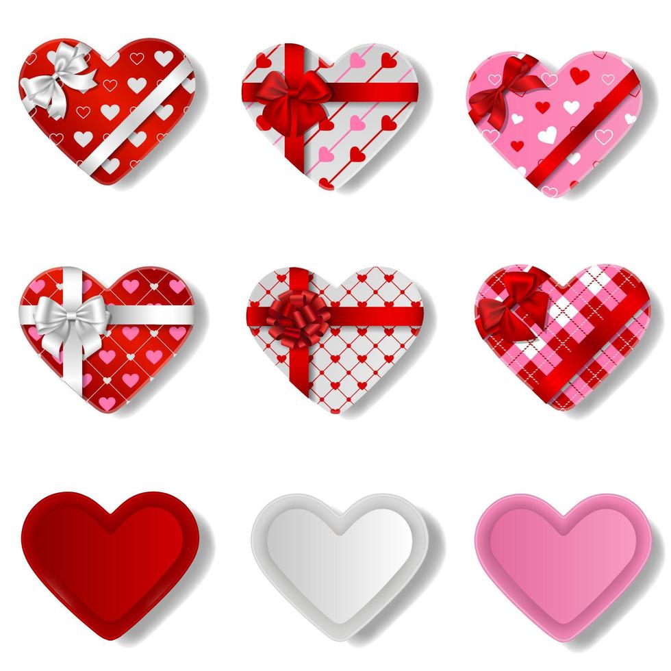 conjunto de cajas de regalo en forma de corazón. cajas de regalo de san valentin vector