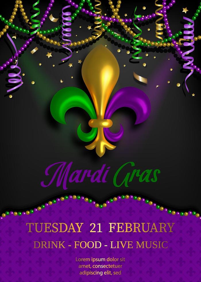 mardi gras poster with pearls and streamers. mardi gras background with