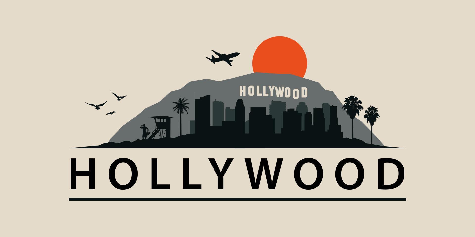 hollywood, california horizonte paisaje urbano de los ángeles. paisaje de la ciudad, ciudad de los ángeles. playa de malibu, franja de puesta de sol, ilustración gráfica de silueta de estilo años 60. vector