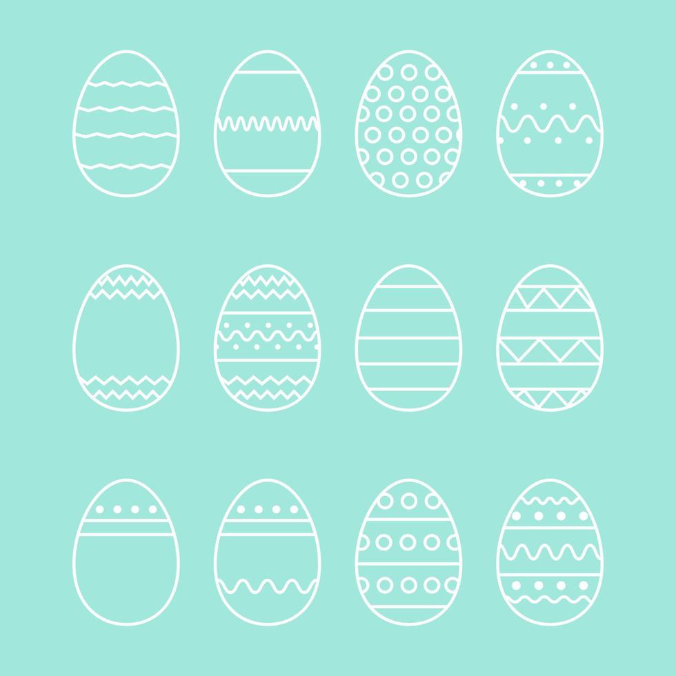 Linear set of white Easter eggs with patterns, ornaments on turquoise background. Perfect for easter pattern, stickers, coloring page, logo, banner. Easter vector illustration. Spring holiday drawing