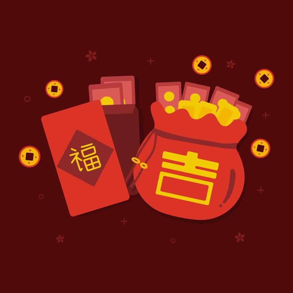 Iconos sobre de dinero y elementos de bolsa de dinero para la celebración del año nuevo chino sobre fondo rojo oscuro. vector