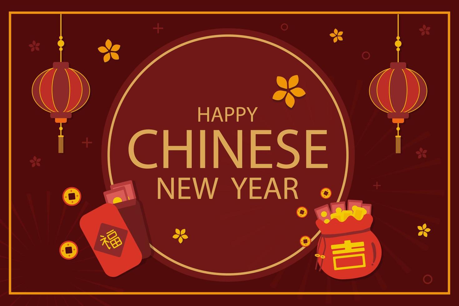 Vector icon of chinese celebration element with Happy Chinese New Year lettering isolated on red background. Chinese New Year festival design vector.