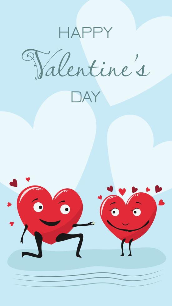 One heart proposes marriage to another. Valentine's Day card. Love theme vector