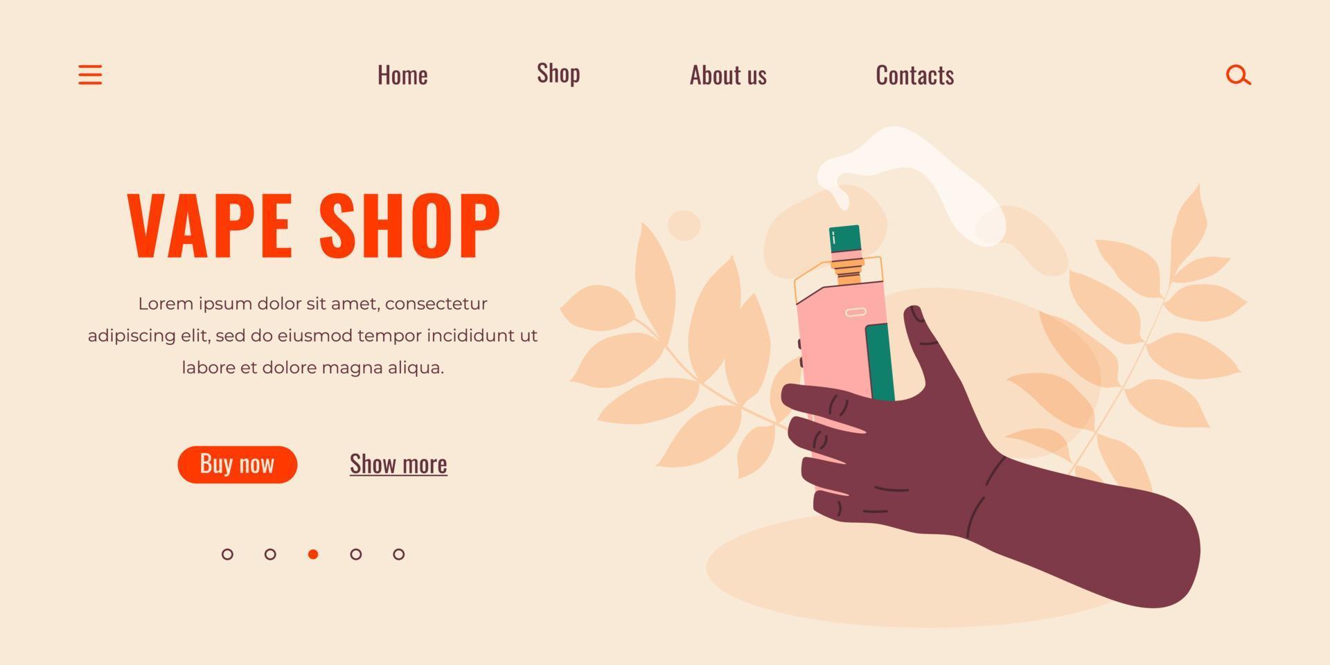 Vape shop colorful web page. Electronic cigarettes and vape. Modern vector illustration. Alternative smoking device. Flat vector design for web.