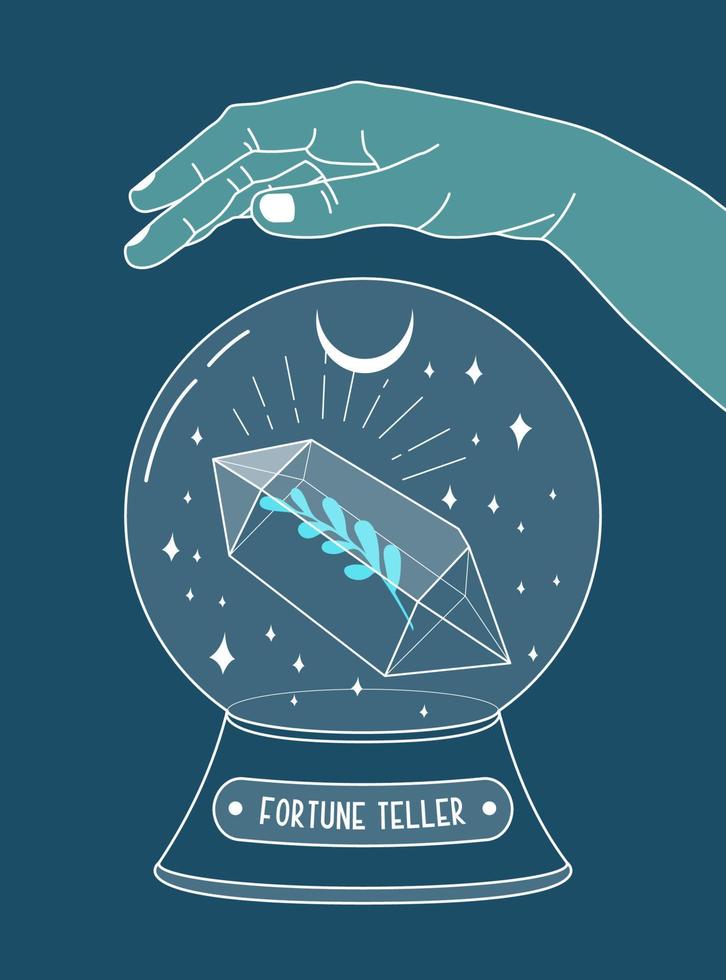 Hand holding fortune teller with crystal gem inside, outline illustration. Magic crystal concept. Modern vector illustration. Transparent line art gem with leaf and stars. Minimalistic design for web.