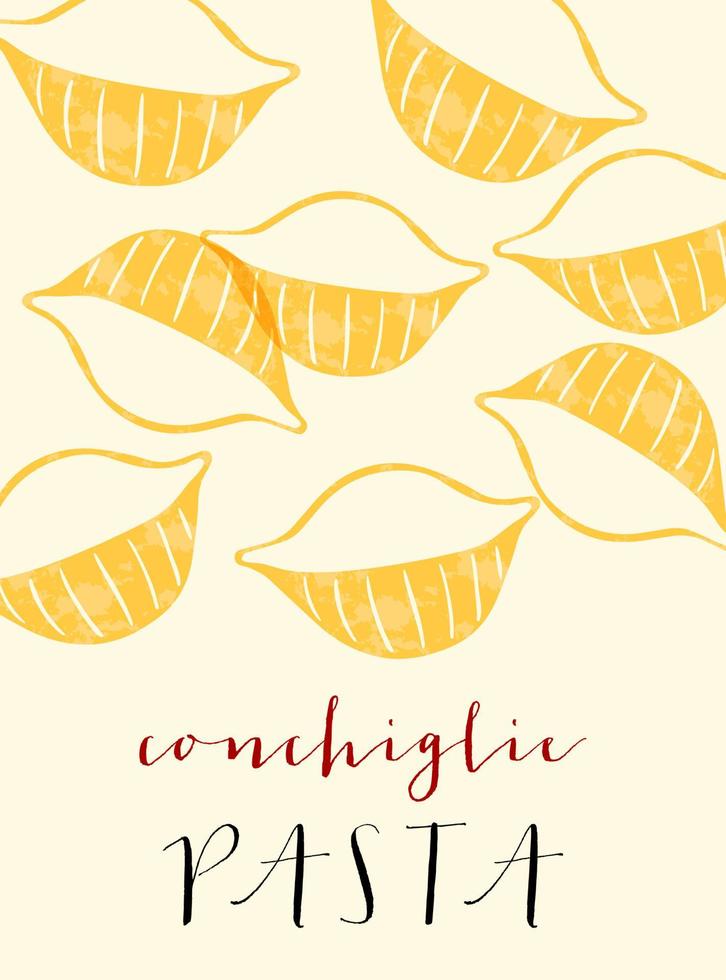 Conchiglie Italian pasta. Conchiglie poster illustration. Modern print for menu design, cookbooks, invitations, greeting cards. vector