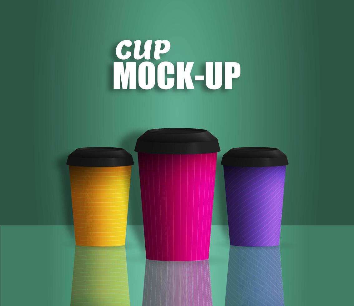 closed paper cup set. collection of Plastic Cups with Covers, Front View Mockup Design Templates. 3d vector realistic illustration