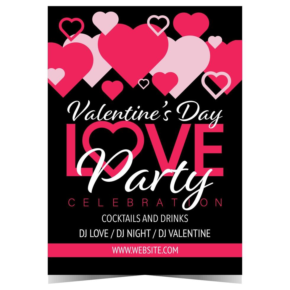 Valentine's Day love party invitation card, banner, poster or flyer with pink hearts on black background to celebrate the romantic Feast of Saint Valentine on February 14. Vector illustration.