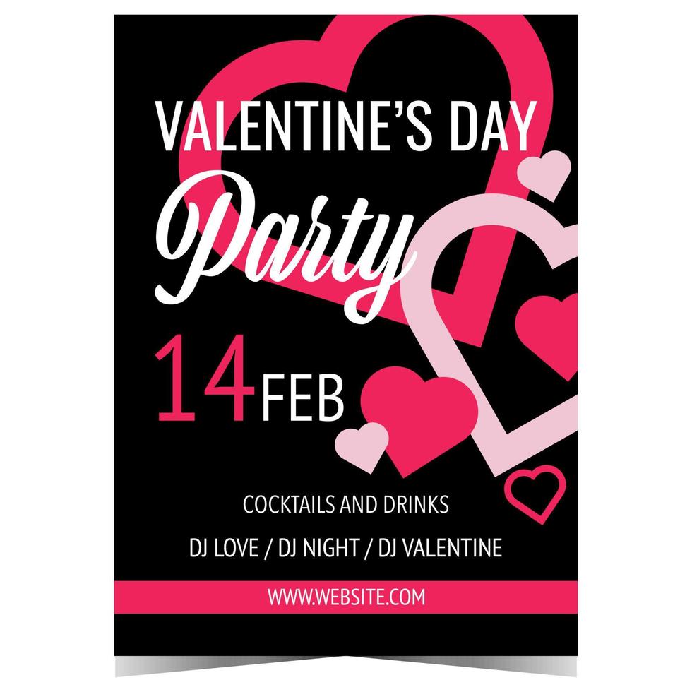 Valentine's Day party invitation card to celebrate the romantic Feast of Saint Valentine. Promotion and advertising banner, poster or flyer with pink hearts on black background. Vector illustration.