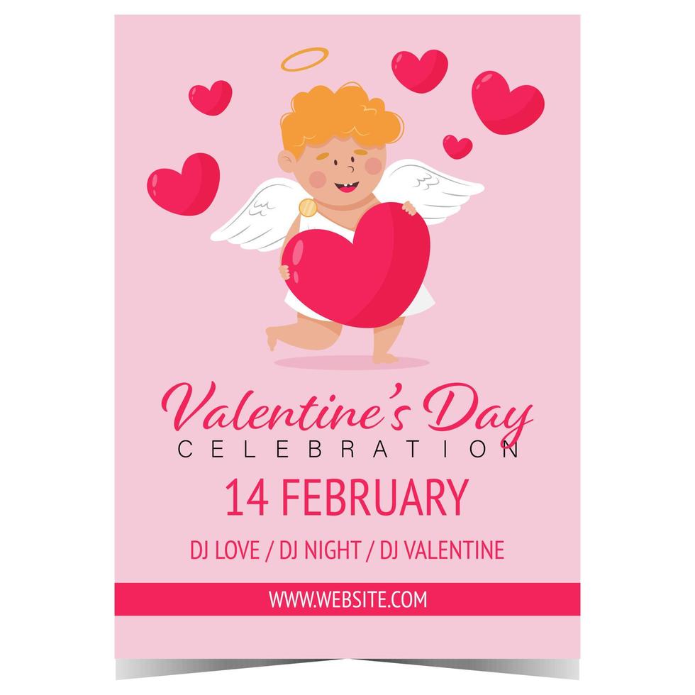 Valentine's Day celebration invitation with cute cupid and red hearts on pink background. Vector illustration of banner, poster or invitation card for the Feast of Saint Valentine on February 14.