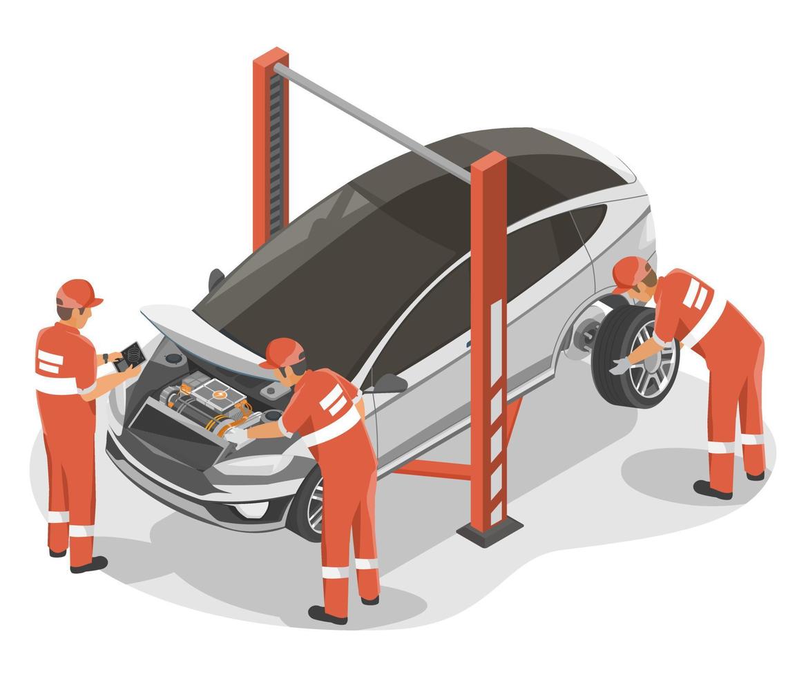 Car Tires Service center Red Team Inspection Inspector Auto Engineer and Motor Technician Maintenance and Repair isometric vector isolated