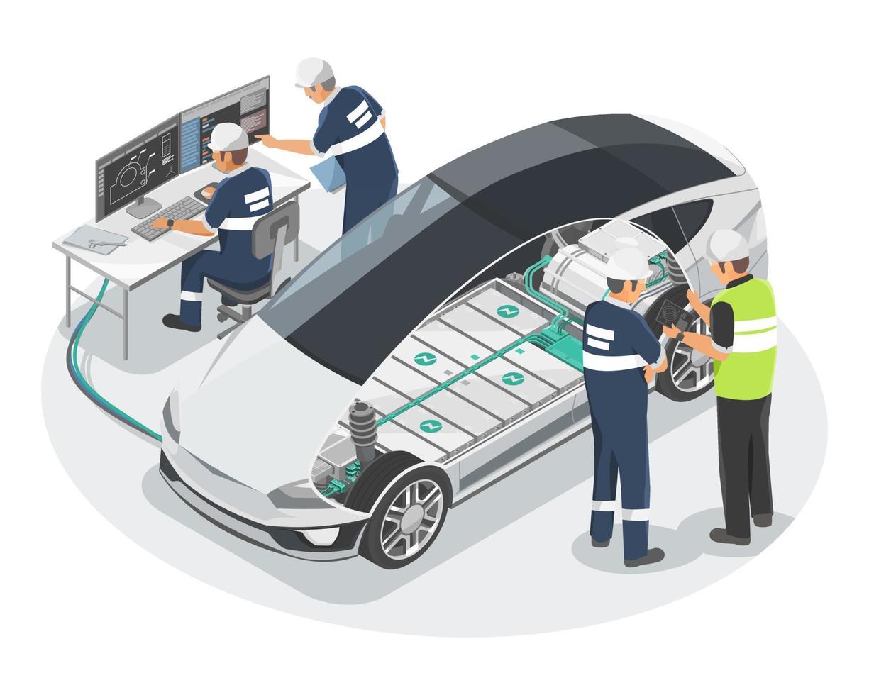 investigación y desarrollo de automóviles eléctricos ingeniero de fabricación equipo de r y d producción ev motor de automóvil y batería de litio paquete de iones de litio ilustración vectorial aislada isométrica vector