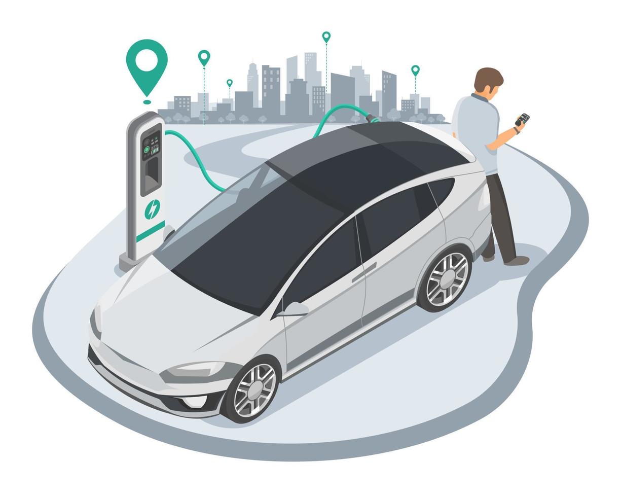 EV Electric Car stop at Charging Station Location out of town Ecology refill Clean Power Battery ecology zero emission Concept isometric isolated vector