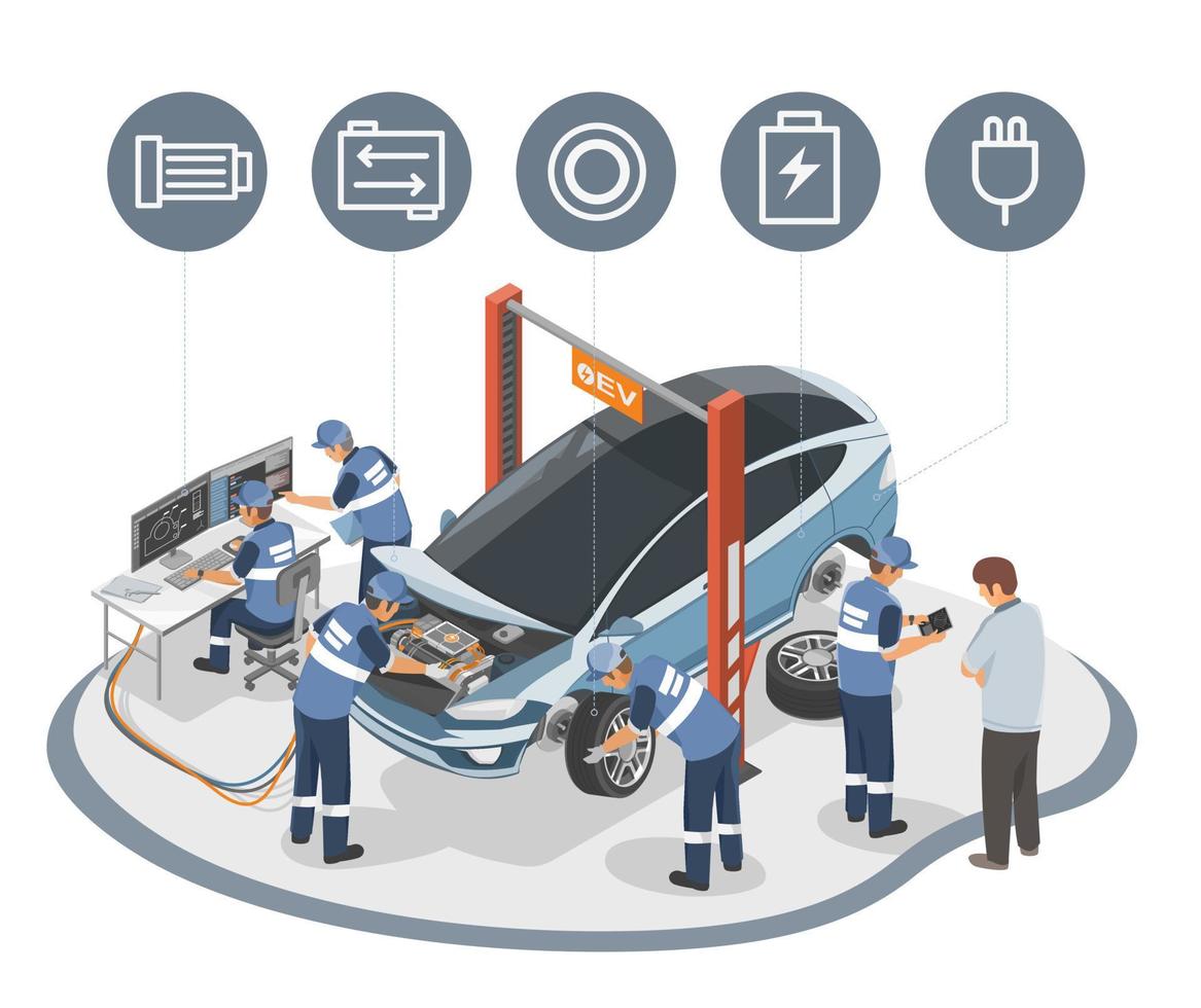 centro de servicio de automóviles eléctricos ev con inspección del inspector del cliente, ingeniero de automóviles y técnico de motores, mantenimiento y reparación, icono de vector isométrico aislado