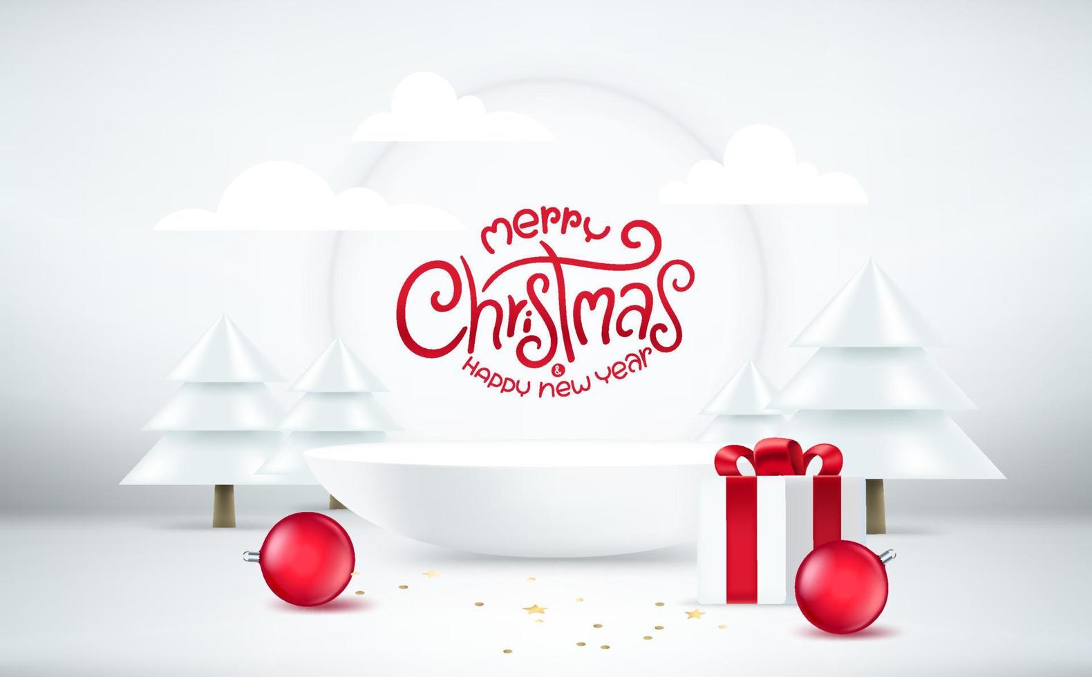 Christmas composition with frame and different holiday accessories. 3d vector banner with copy space