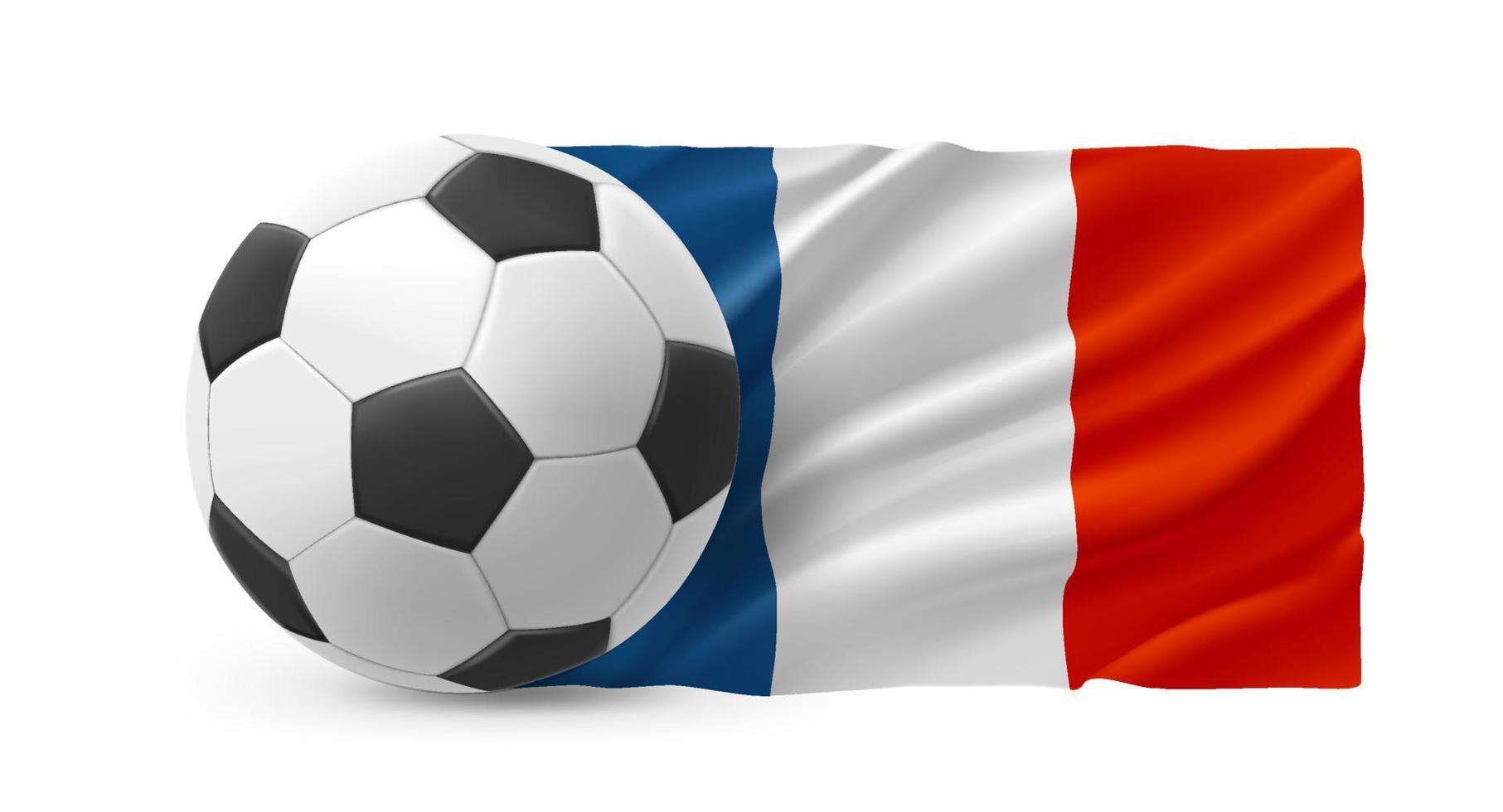 Realistic leather soccer ball with flag of France on white background. 3d vector illustration