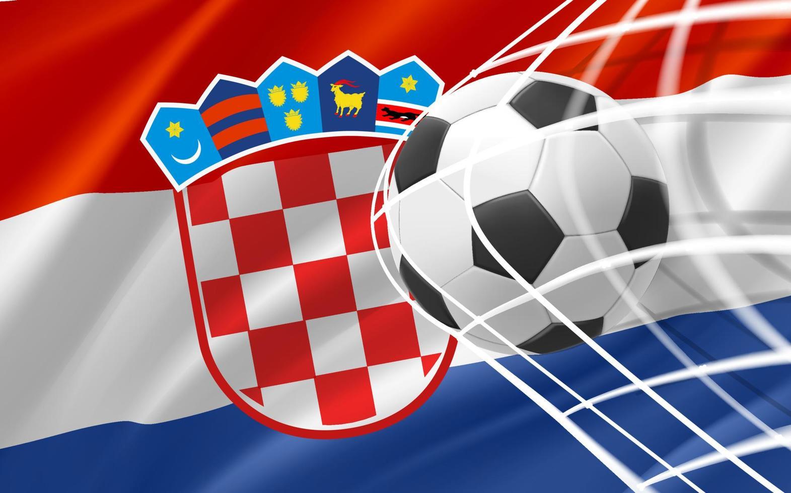 Realistic leather soccer ball in the net with flag of Croatia. 3d vector illustration