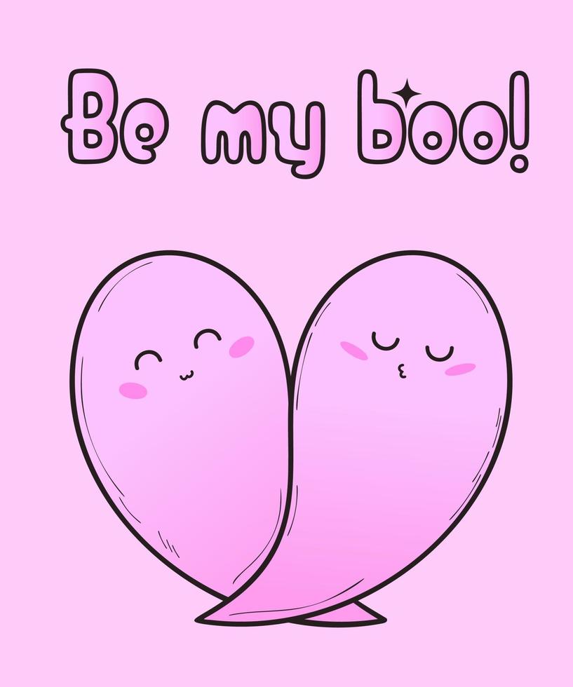 Two ghosts in the shape of a heart. Cute spooky card. Valoween. Kawaii creepy. Romantic story. Be my boo. vector