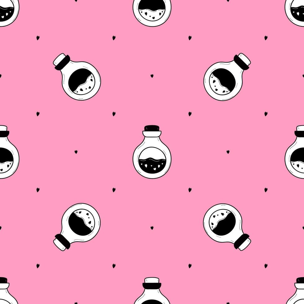 Cute magic bottle. Pink seamless pattern. Love potion. Glass lab flask with hearts. vector