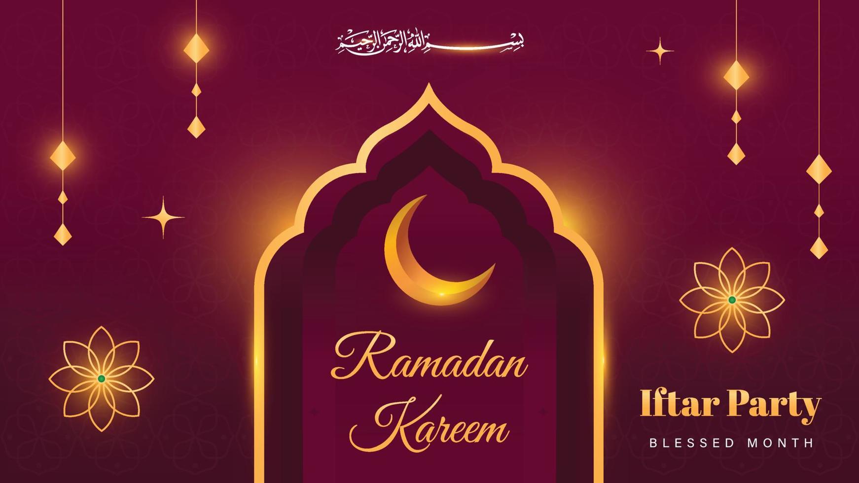 Ramadan kareem greeting card. islamic month with mosque decoration and moon recite with beautiful glowing arabic illustration vector