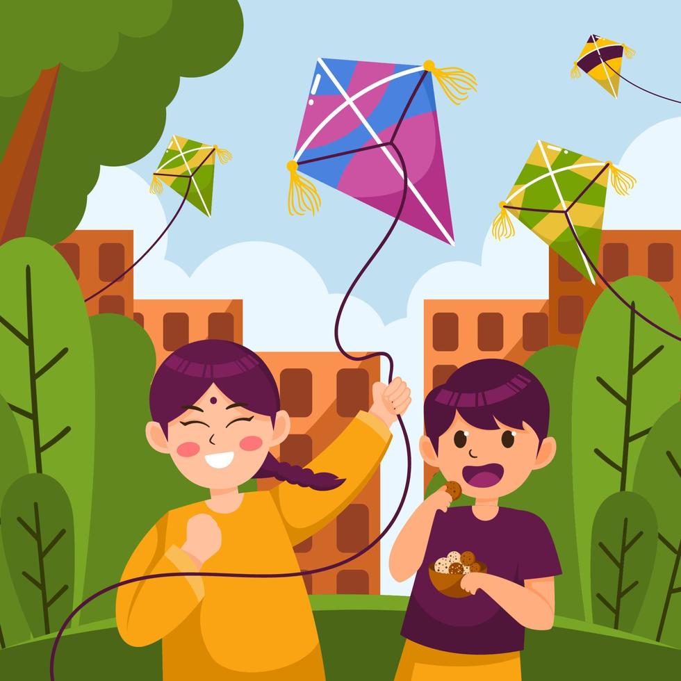 Celebration of Makar Sankranti with Kids Playing Kite vector