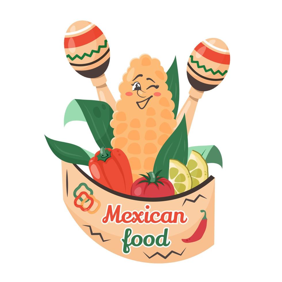 Cute character corn with national elements, vegetables and frame. Mexican food. Doodle drawn vector illustration for dishes, menu, poster, flyer, banner, delivery, cooking concept
