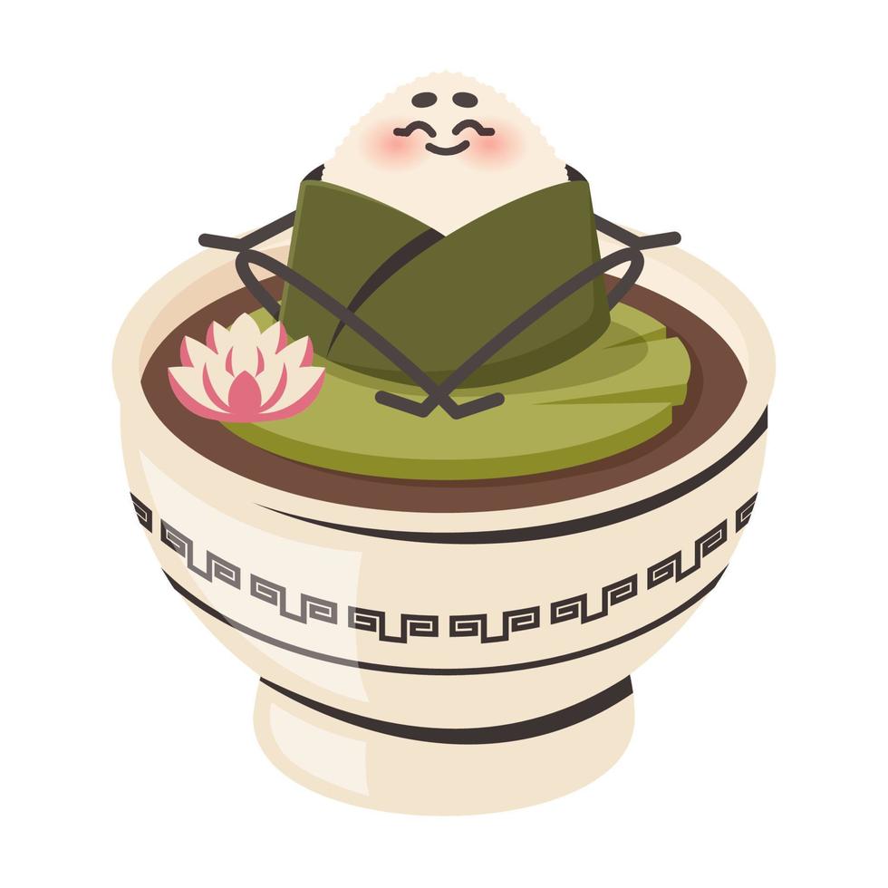 comida japonesa nacional. lindo onigiri en posición de loto meditando. bola de arroz con salsa, flor. ilustración vectorial dibujada por garabatos para menú, afiche, volante, pancarta, concepto de cocina vector