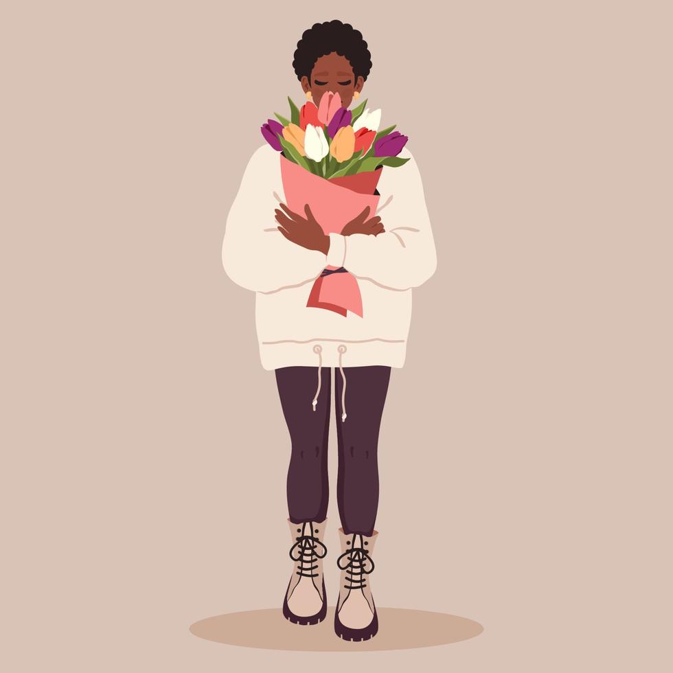 Black woman holding bunch of blooming flowers. African American girl with bouquet. Female character in sportswear. Gift concept for Women's Day, 8March, Mother's Day. Vector flat Illustration