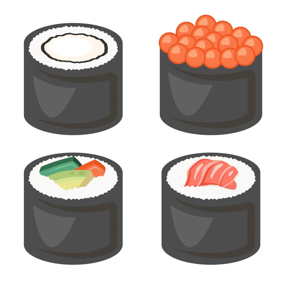 Set of Japanese nigiri sushi maki with seafood, vegetables, nori. Asian dish. Different Traditional food closeup. Vector flat illustration for menu, poster, flyer, banner, cooking concept