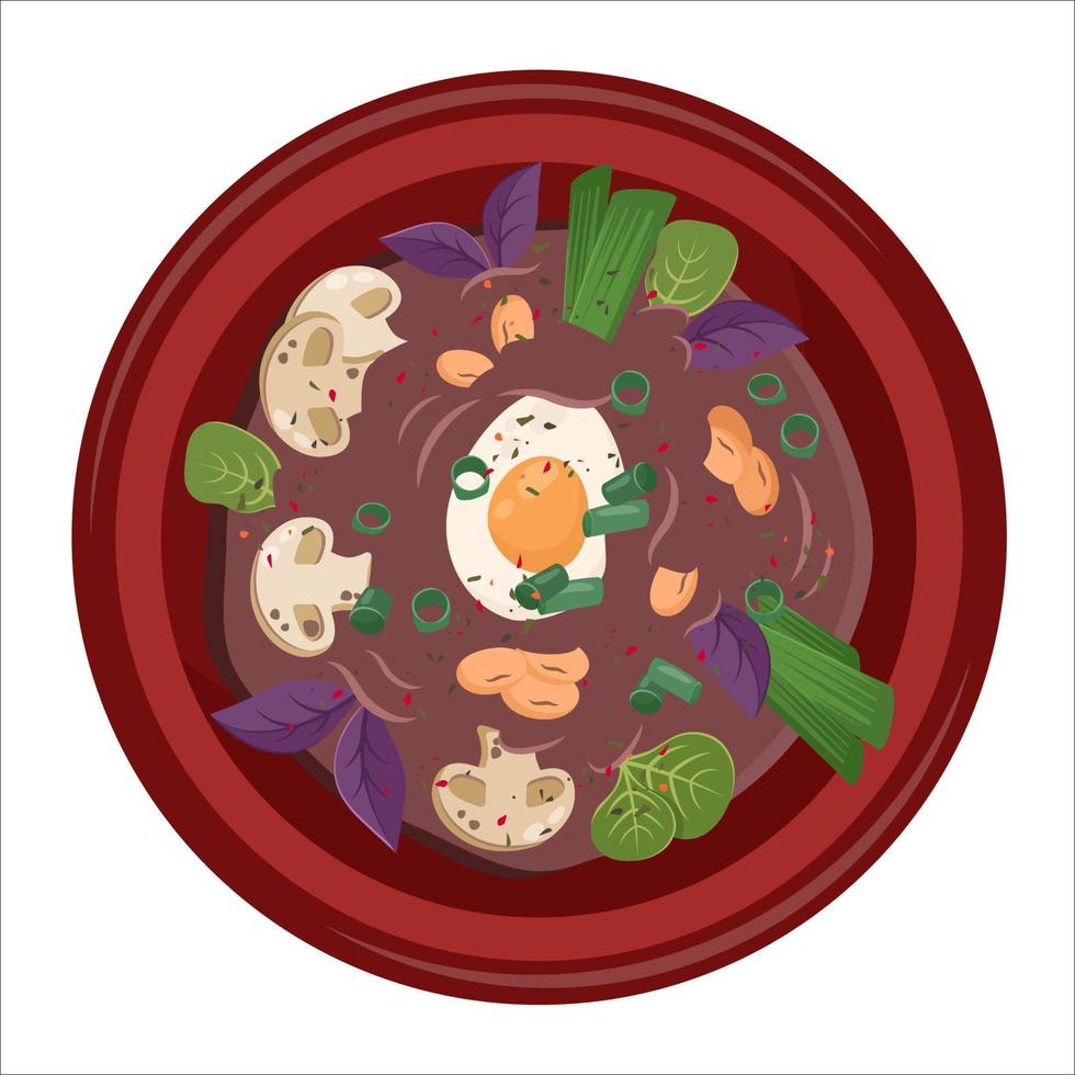 Asian food isolated. Ramen soup closeup. Oriental dish with egg, pepper chilli, onion, mushrooms. Vector flat illustration for restaurant dishes, menu, delivery, cooking concept