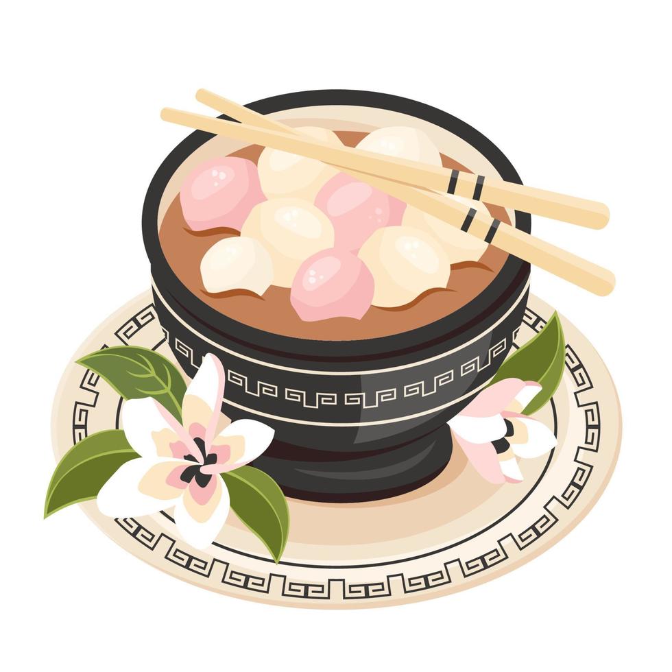 Chinese dessert tangyuan. Rice flour balls in sweet syrup with cherry blossoms. Asian food. Vector flat drawn illustration for restaurant dishes, menu, dessert, cooking concept
