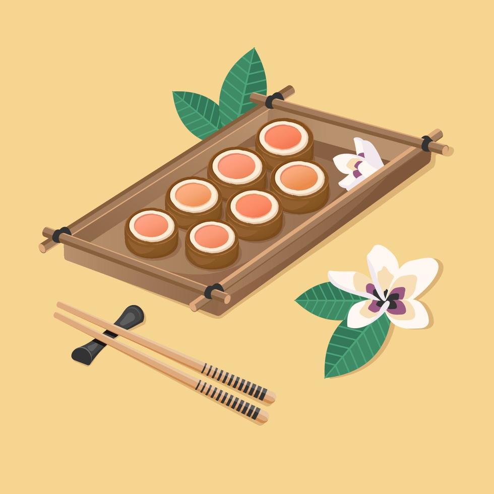 Sweet rice cookies on wooden tray with chopsticks, cherry blossoms. Chinese New Year dessert. Vector flat drawn illustration for restaurant dishes, menu, poster, flyer, banner, cooking concept