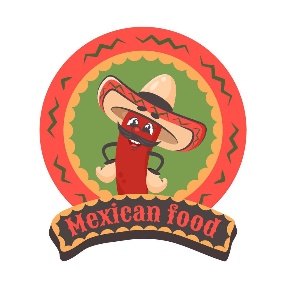 personaje cómico de dibujos animados guindilla con sombrero. elemento latinoamericano. texto de comida mexicana. ilustración vectorial dibujada por garabatos para platos, menú, afiche, volante, pancarta, entrega, concepto de cocina vector