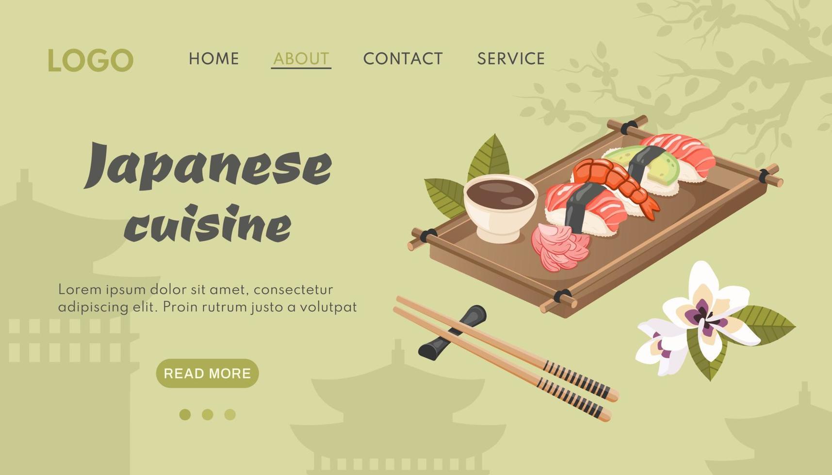 Japanese food. Asian banner. Traditional dish closeup with sakura silhouette, architecture. Vector