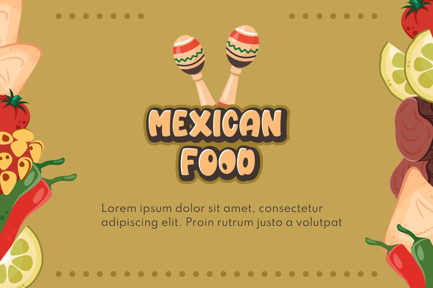 Latin American cuisine. Food background with vegetables, national Mexican elements, maracas, text. Vector flat drawn illustration for restaurant menu, poster, flyer, banner, delivery, cooking concept