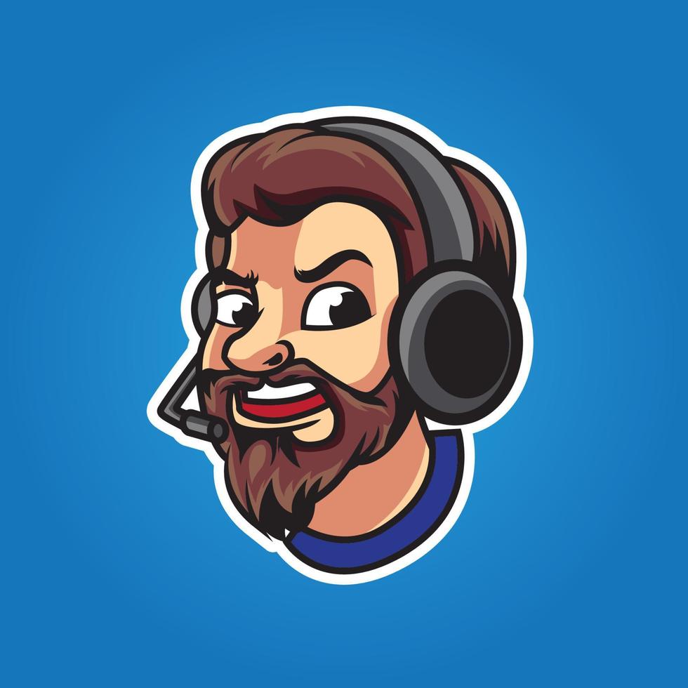 Streamer head mascot with beard and headphone vector