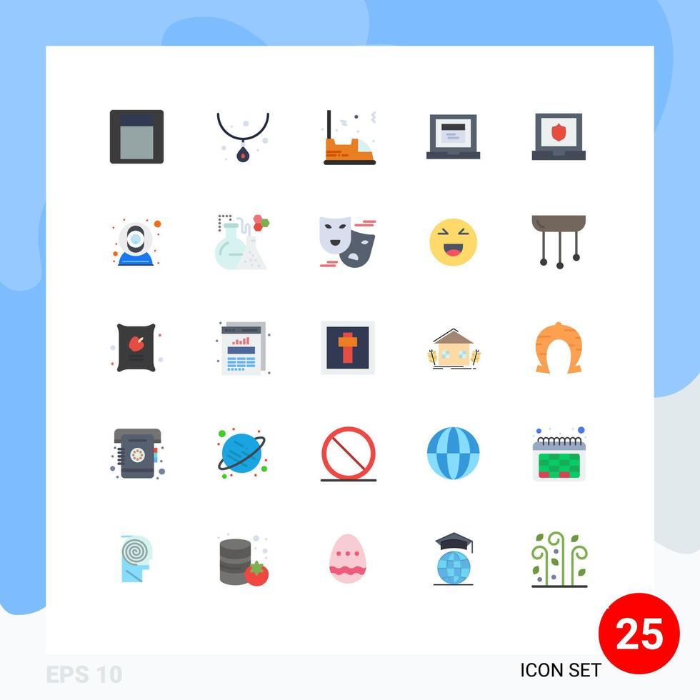 25 User Interface Flat Color Pack of modern Signs and Symbols of shield laptop car website browser Editable Vector Design Elements