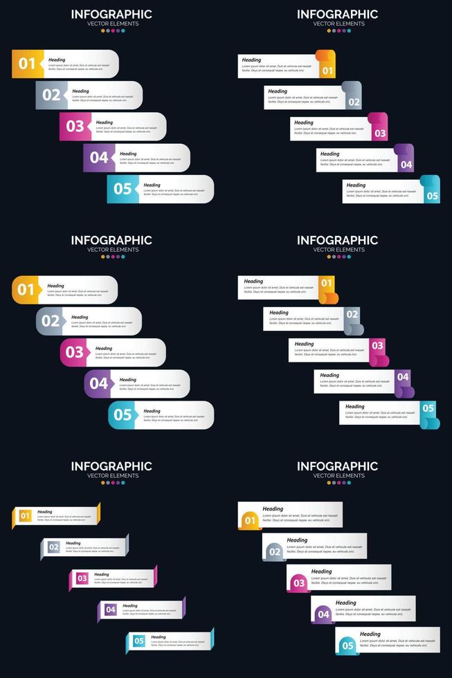 plantilla de diapositiva de presentación del paquete de infografías vectoriales 6 diagramas de ciclo de 5 pasos y líneas de tiempo vector