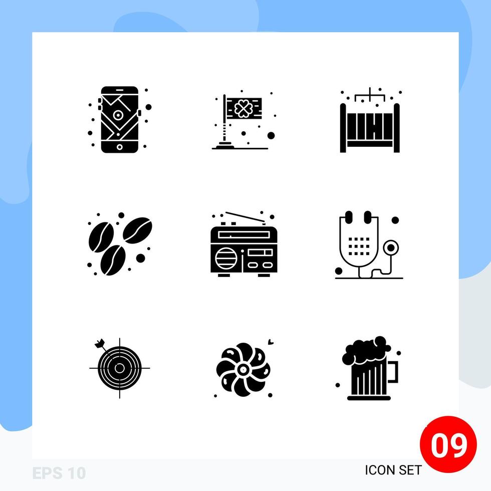 Pack of 9 Modern Solid Glyphs Signs and Symbols for Web Print Media such as radio frequency saint food bean Editable Vector Design Elements